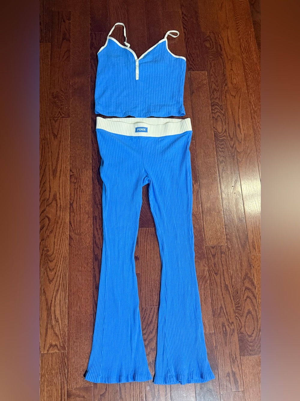 PINK Victoria's Secret Bright Blue Ribbed Flare Leggings with Cream Waistband